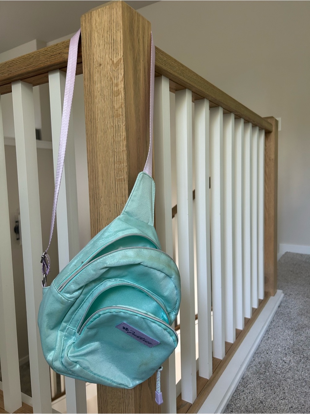 Justice Mint Green Kids Sling Bag with Light Pink Strap